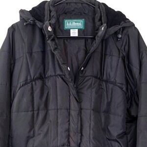 LL Bean Womens Black Quilted Puffer Parka Jacket Hooded Fleece Lined Large 9U833